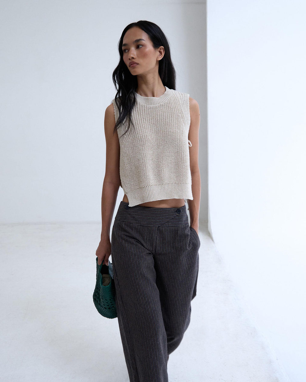 Pantalón Rayas Cinturilla Cruzada Marrón