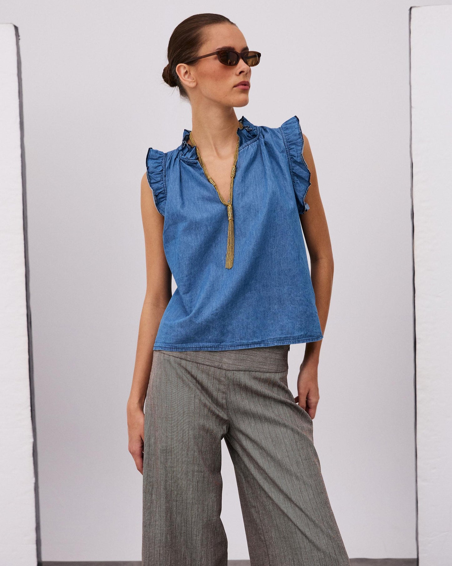 Blusa Sin Mangas Volantes Escote V Tipo Denim Azul Jeans