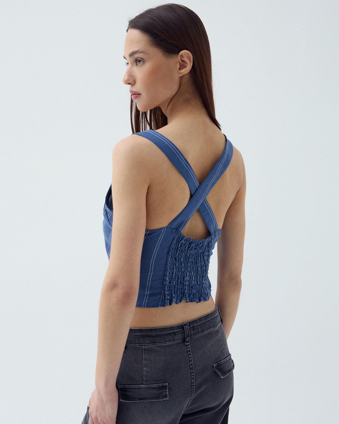 Top Botones Rayas Azul