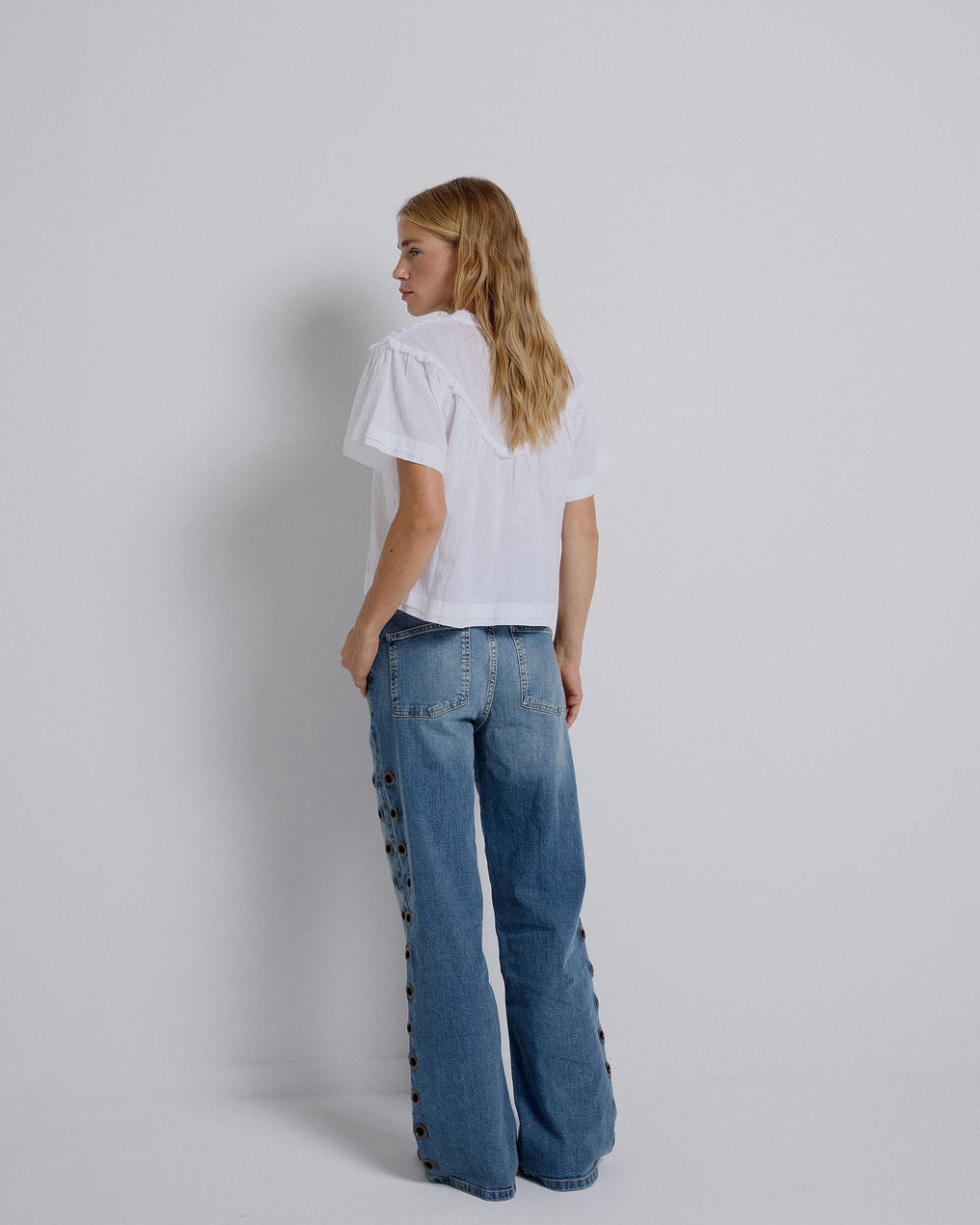 White Gathered V-Neck Blouse