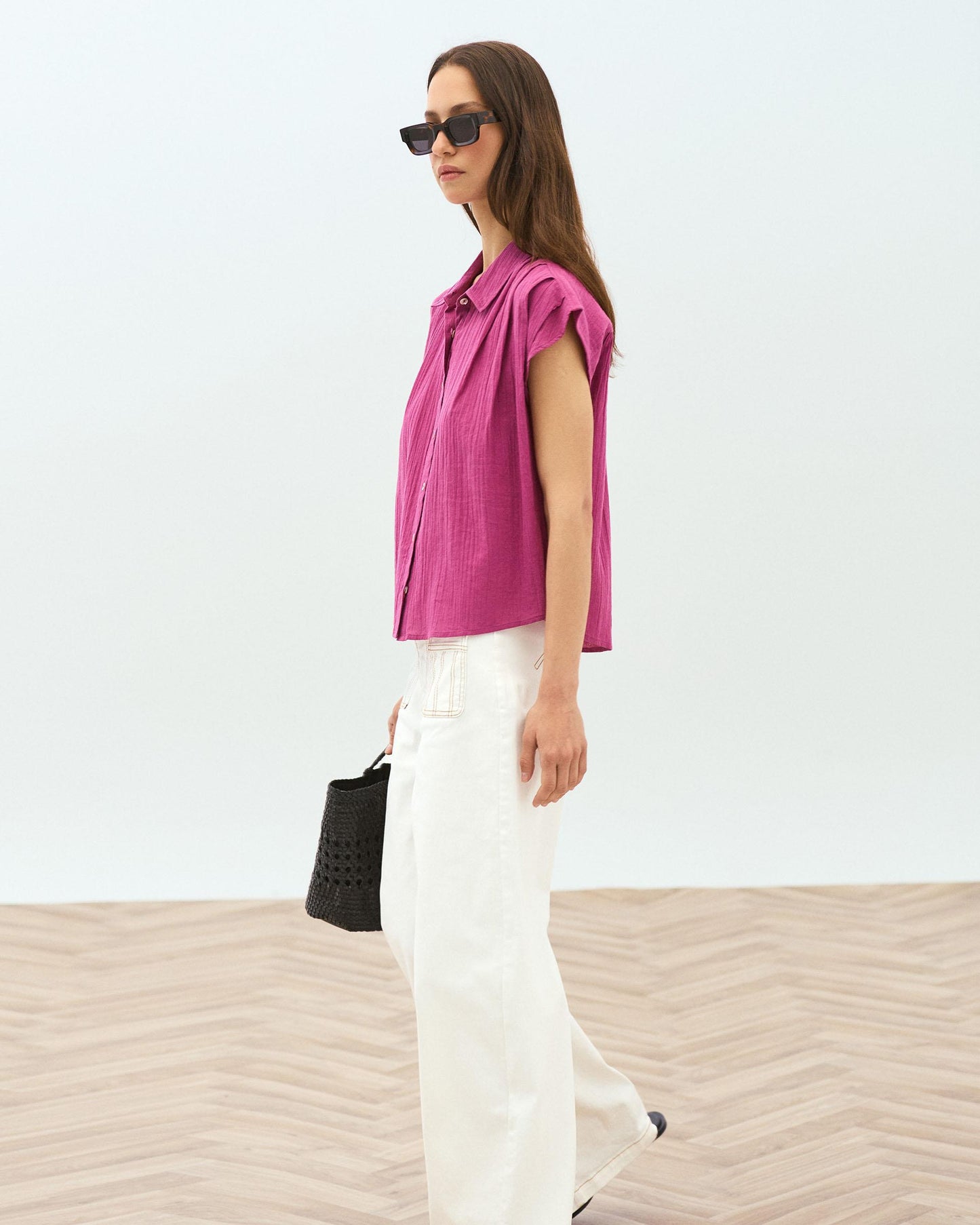 Fuchsia Pleated Sleeveless Shirt