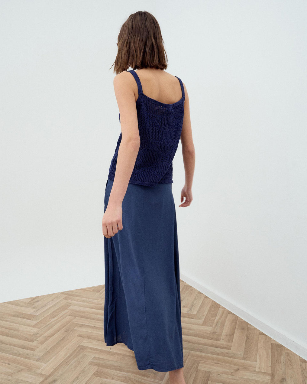 Navy Blue Linen Long Skirt with Pintucks