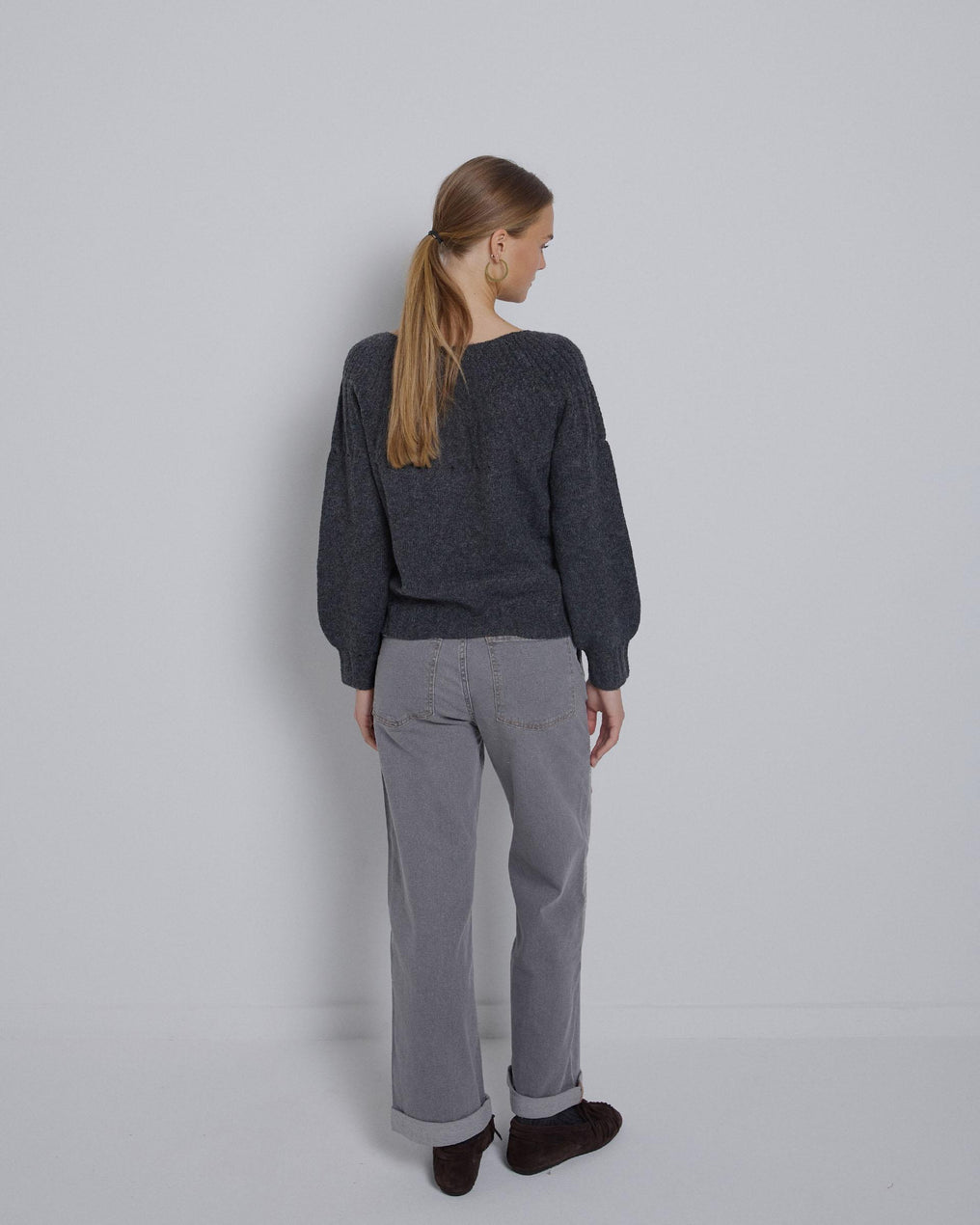 Embroidered Jeans with Flowers and Squares in Gray