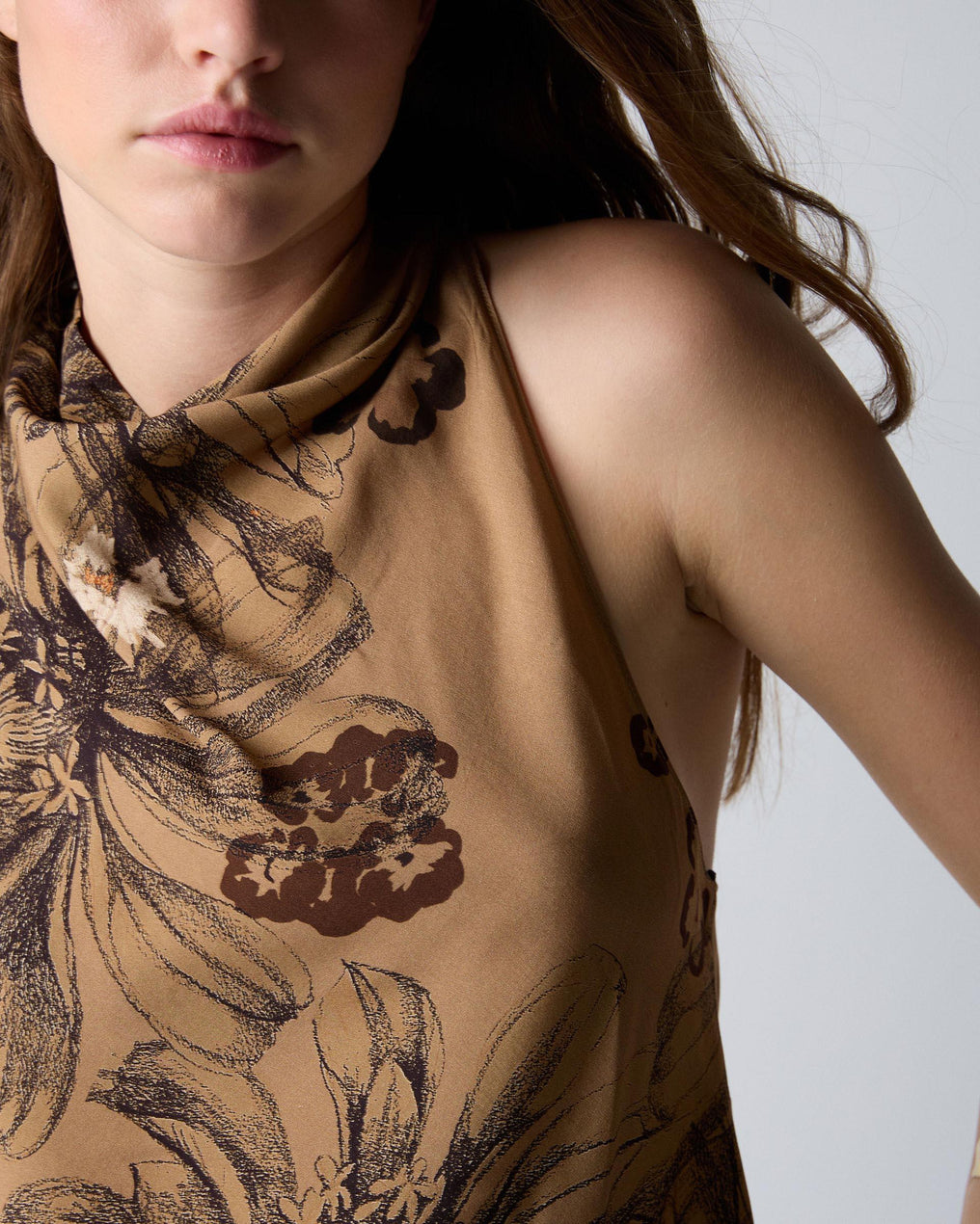 Brown Printed Draped Neckline Top