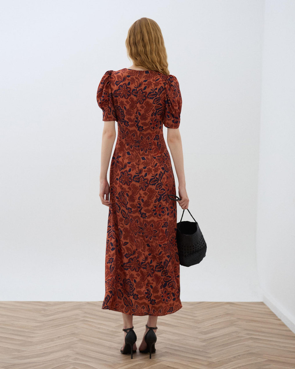 Vestido Manga Abullonada Estampado Floral Naranja