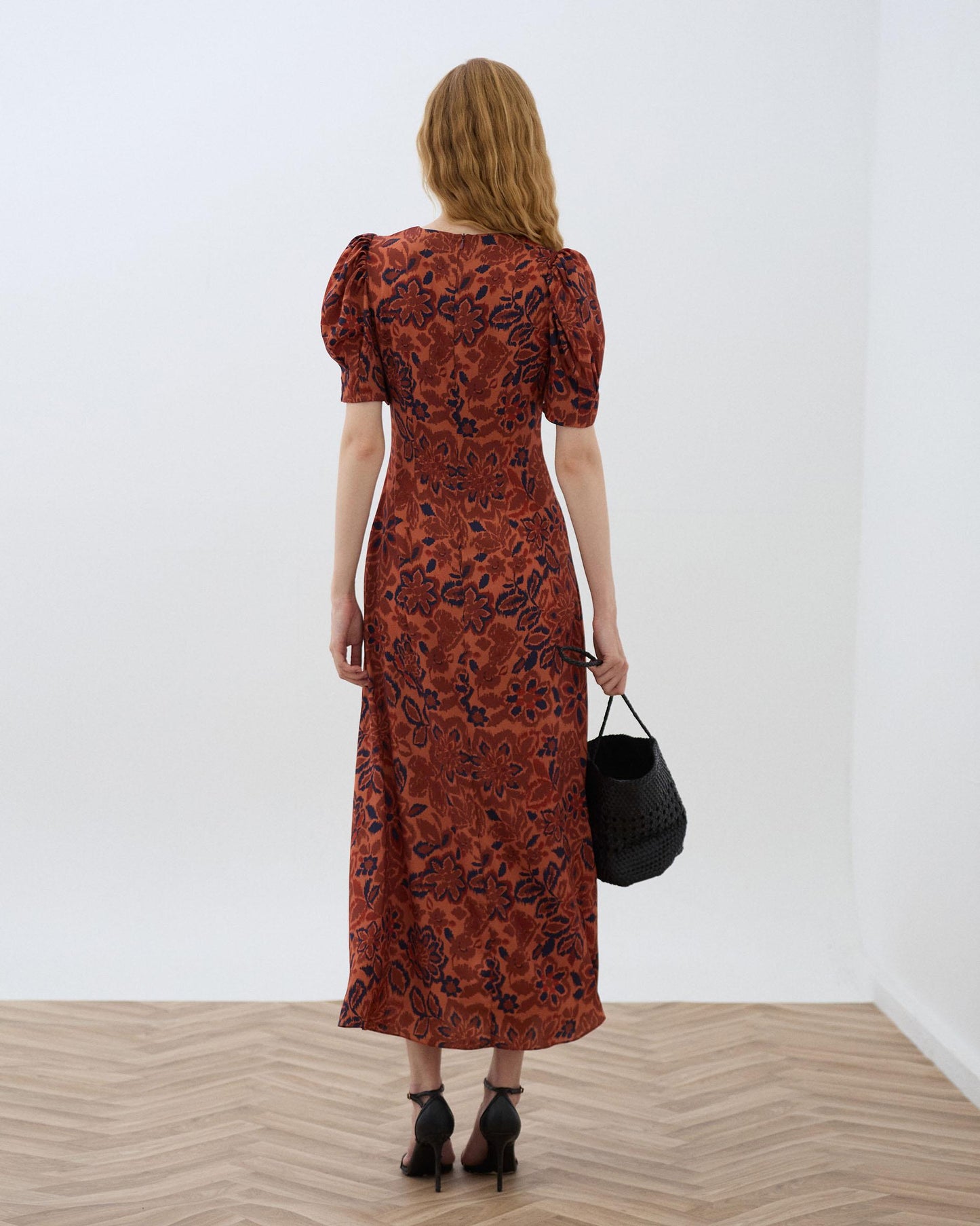 Vestido Manga Abullonada Estampado Floral Naranja