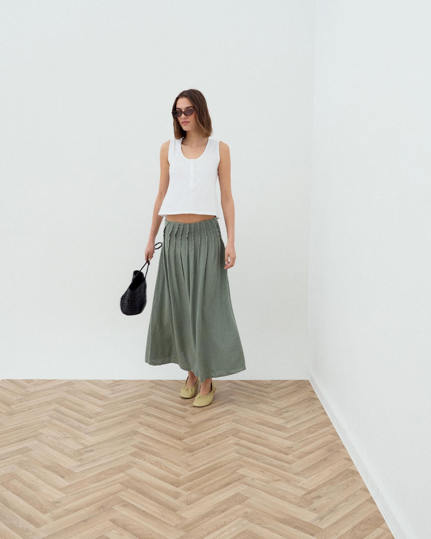 Falda Larga Lino Jaretas Verde
