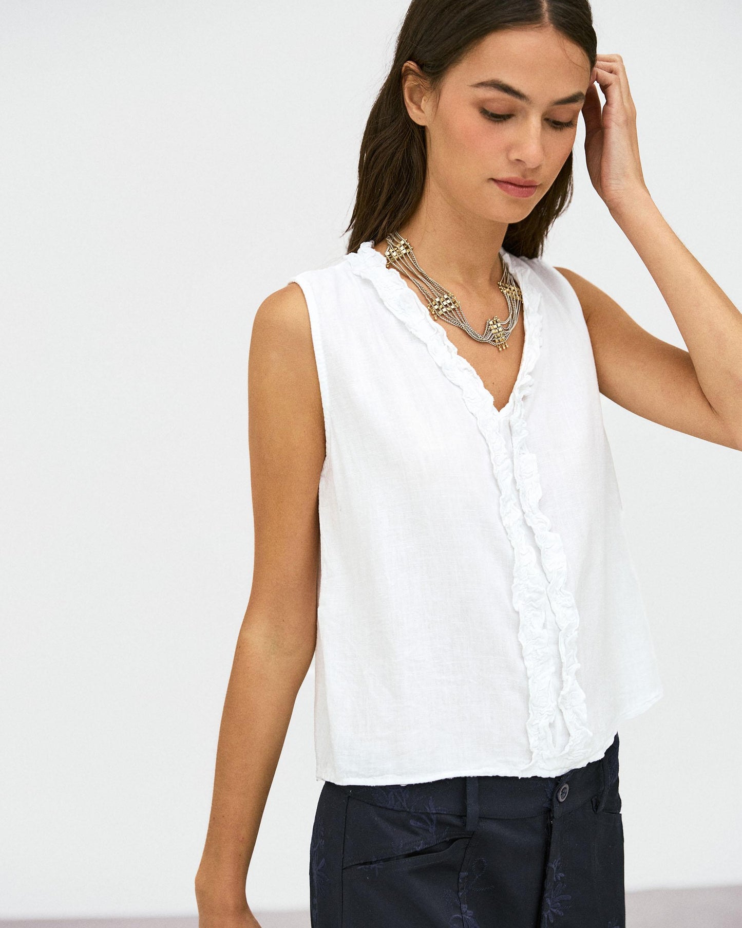 Top Décolleté en V Volants Lin Blanc