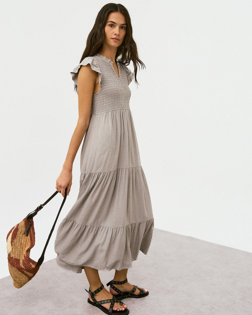 Vestido Largo Lino Nido De Abeja Taupe