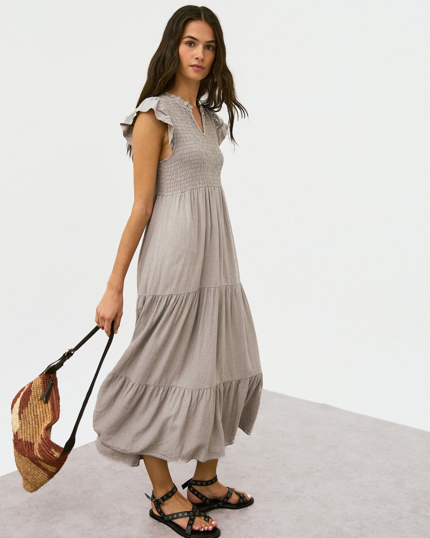 Vestido Largo Lino Nido De Abeja Taupe