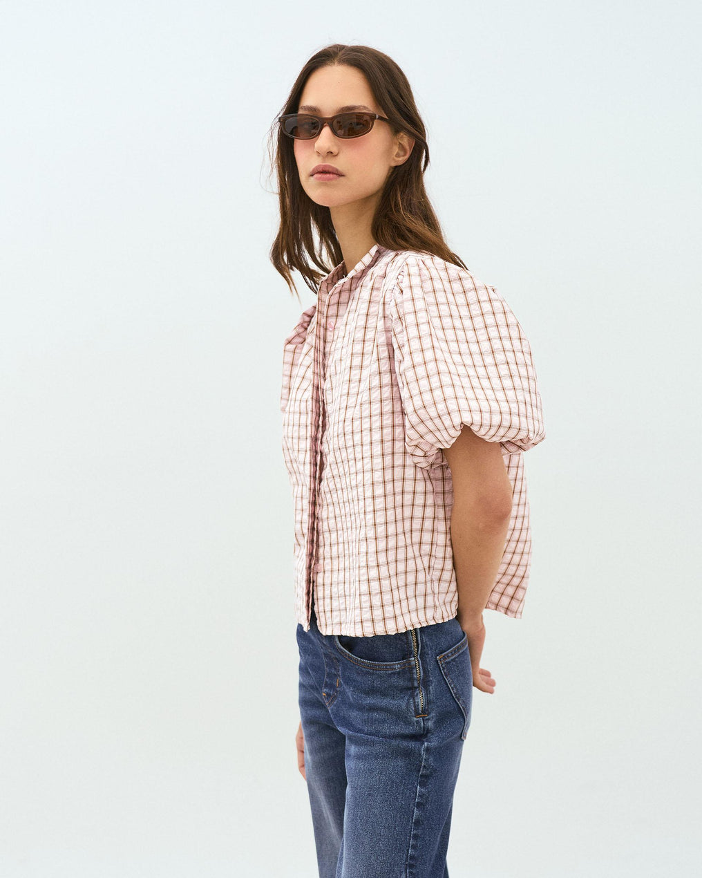 Puff Sleeve Gingham Blouse Pink