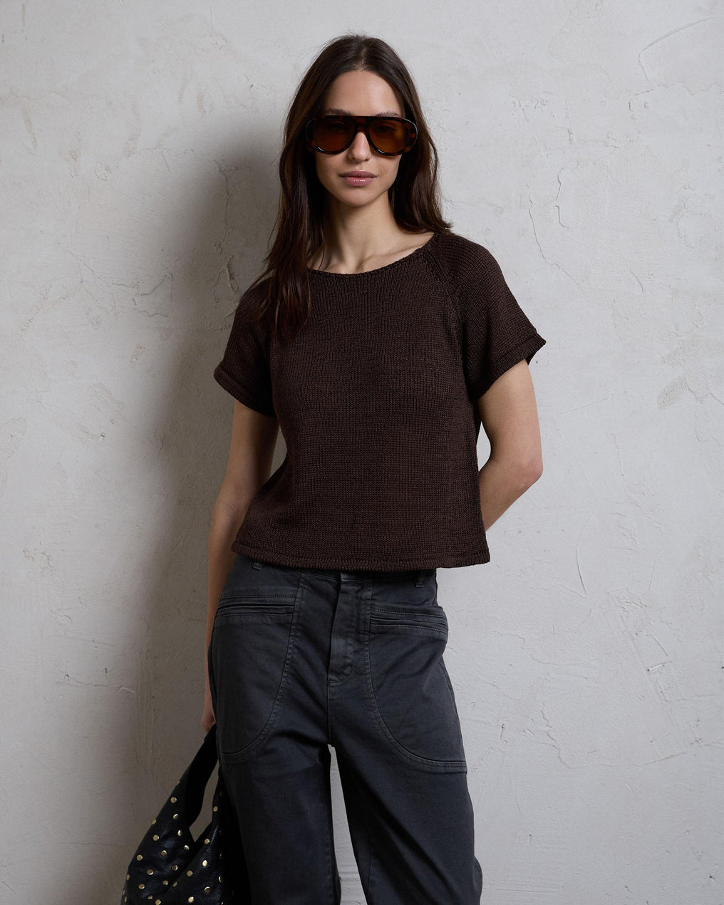 Brown Short Sleeve Knit Top