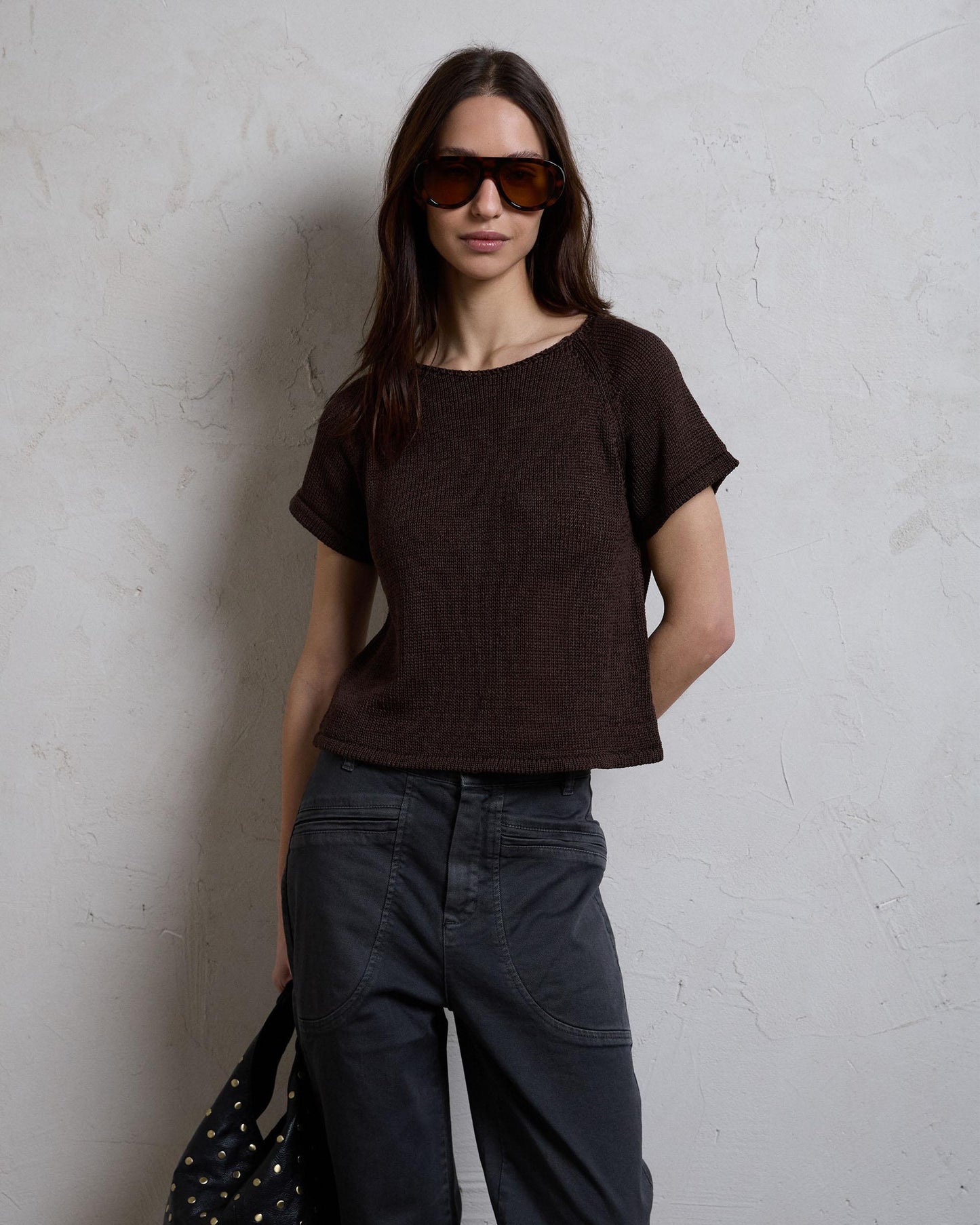 Brown Short Sleeve Knit Top