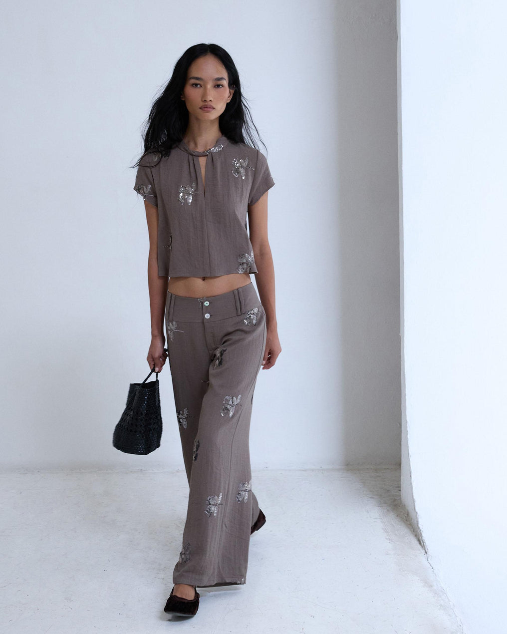 Pantalón Doble Cinturilla Lentejuelas Taupe