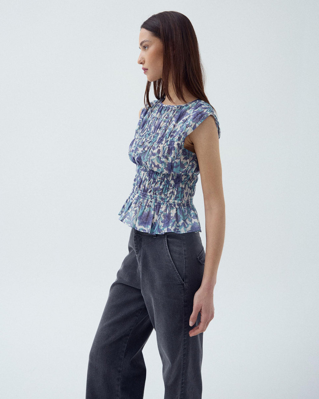 Top Élastiques Imprimé Floral Bleu