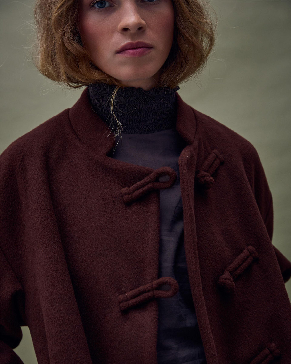 Long Side Fastening Wool Coat Maroon