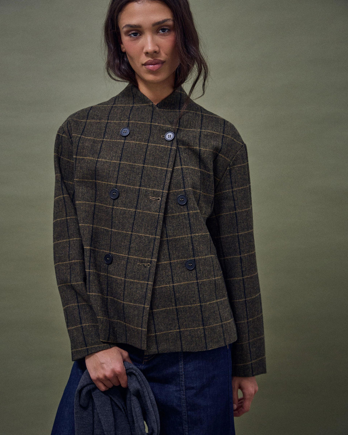 Chaqueta Botones Delanteros Mezcla Lana Verde