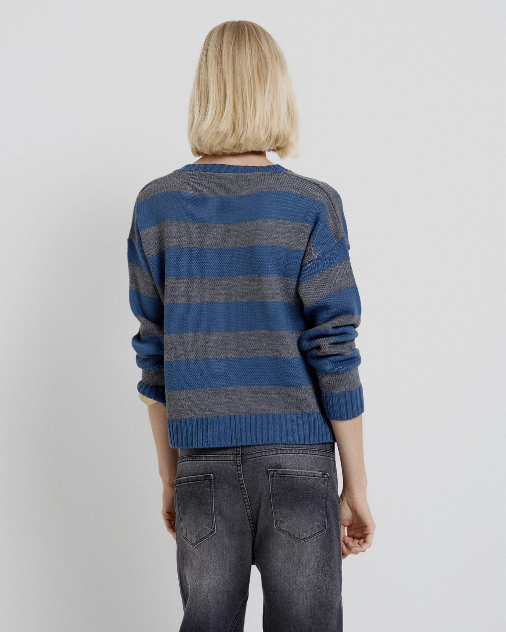 Gray Horizontal Stripes Round Neck Jacket