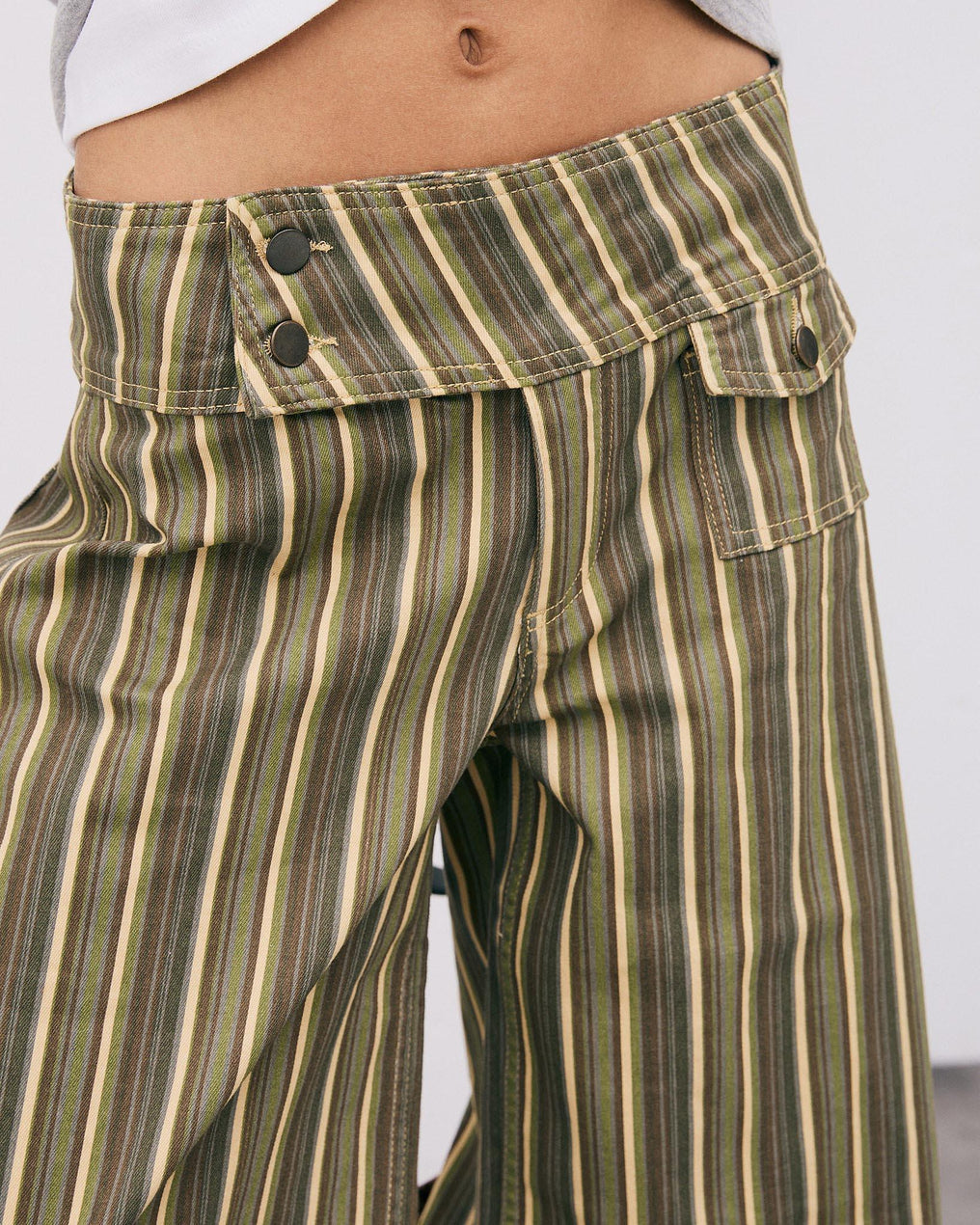 Triple Waistband Pocket Striped Green Jeans