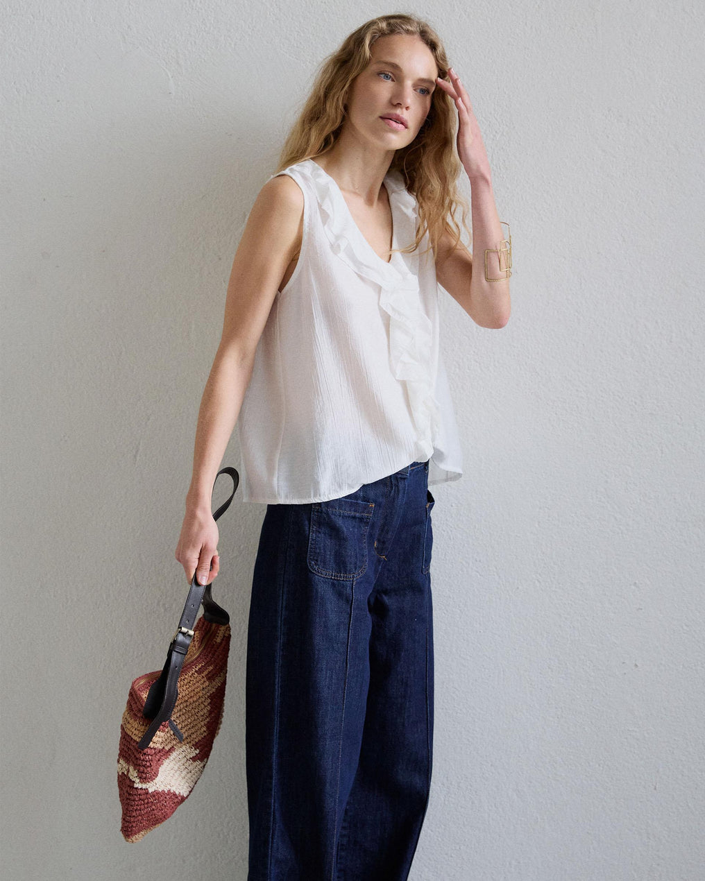 White V-Neck Ruffle Sleeveless Blouse