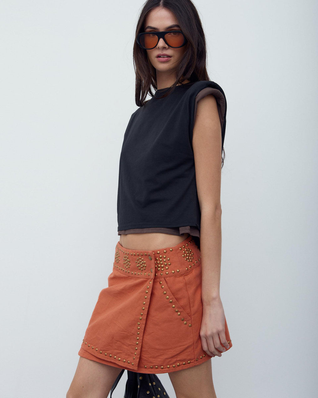 Orange Canvas Studded Mini Skirt