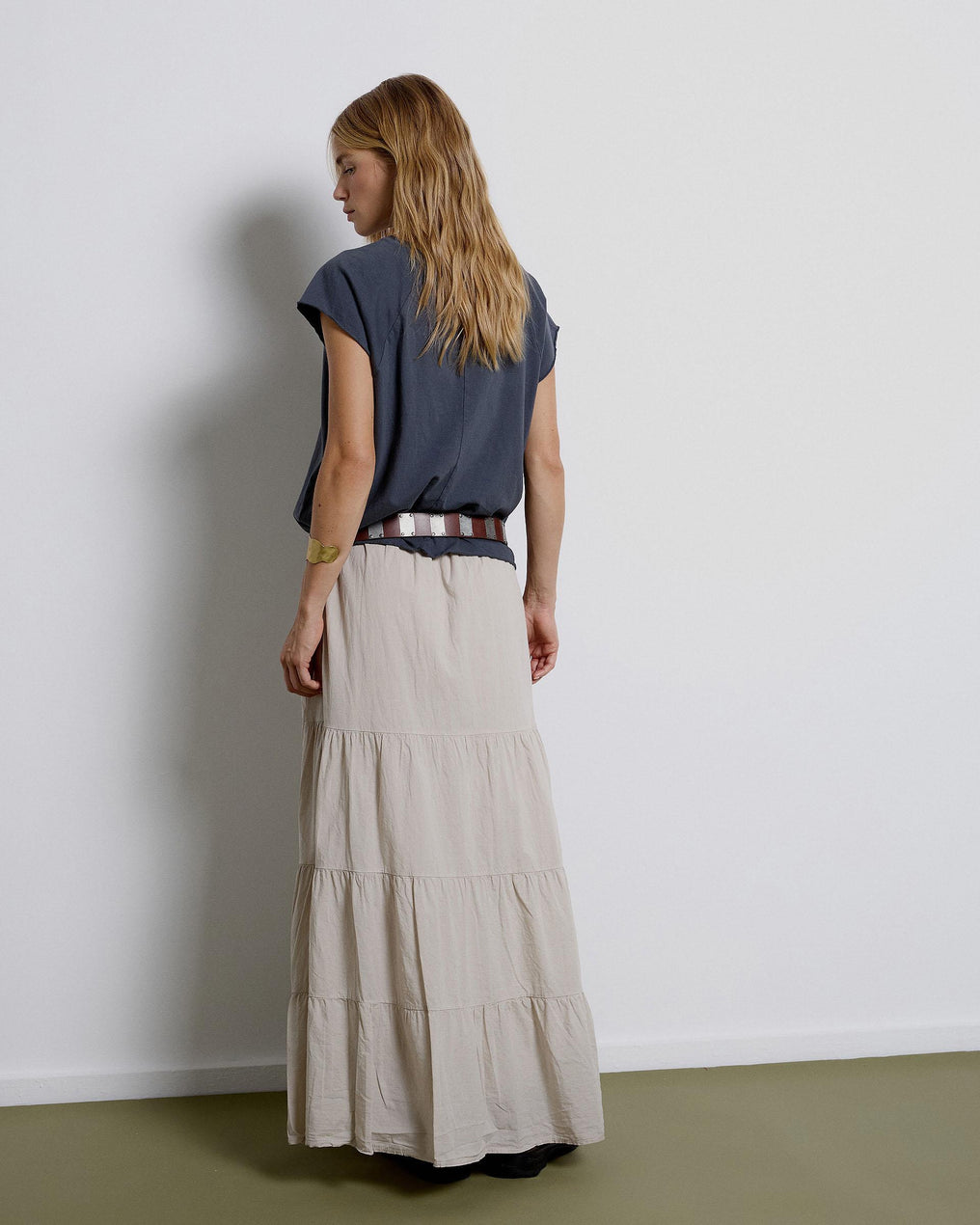 Long Skirt with Ruffles and Beige Bow