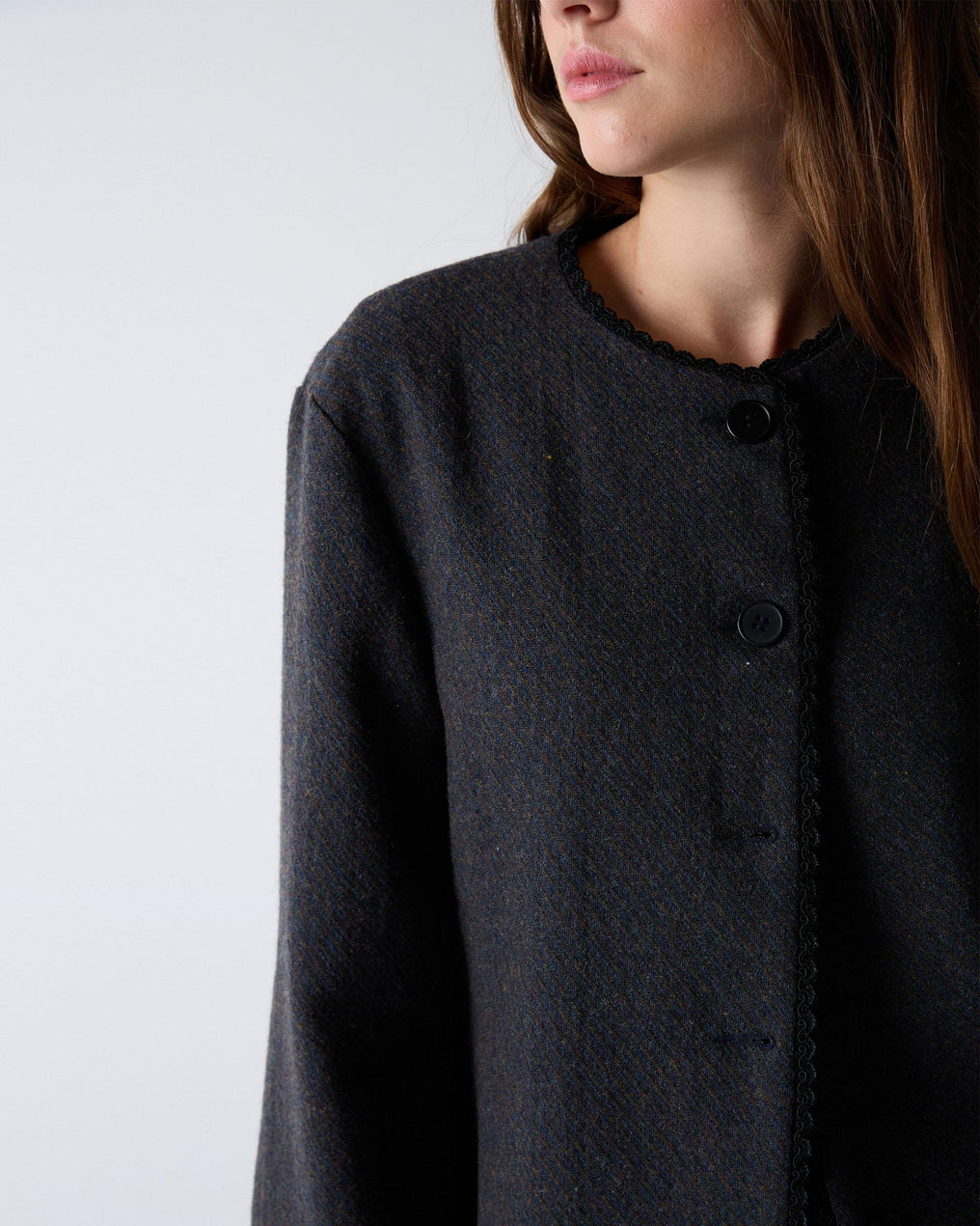 Chaqueta Botones Puntilla Mezcla Lana Marrón