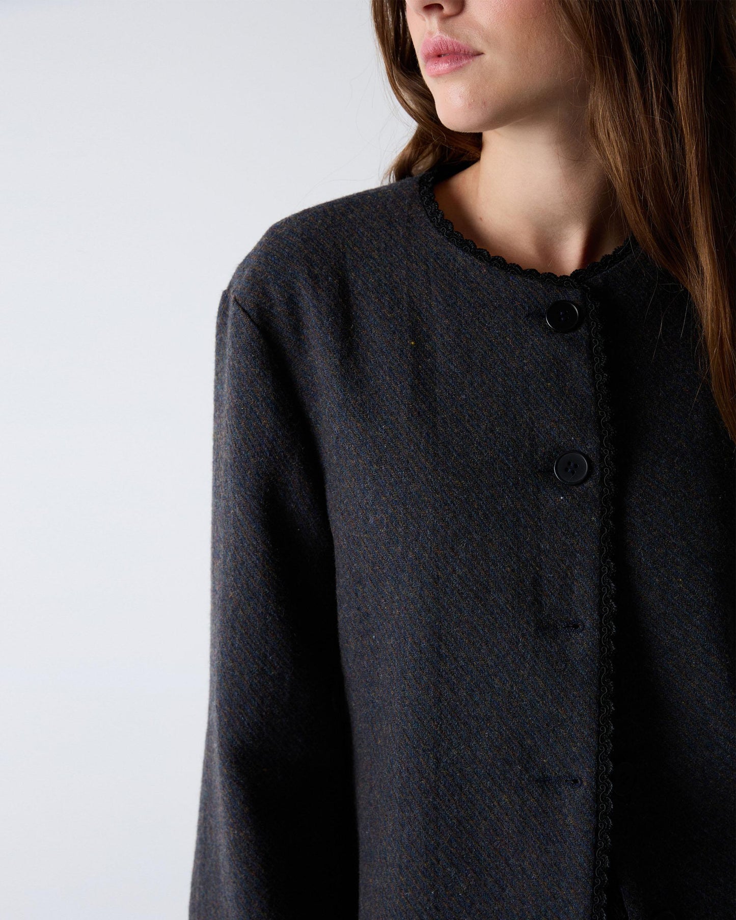 Chaqueta Botones Puntilla Mezcla Lana Marrón