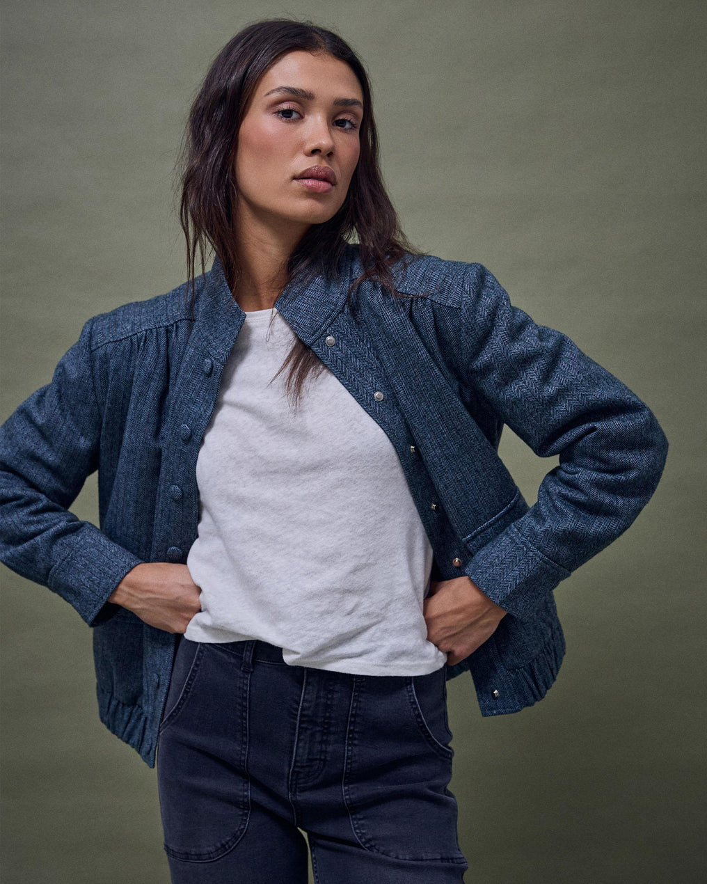Bomber Canesú Espiga Mezcla Lana Azul