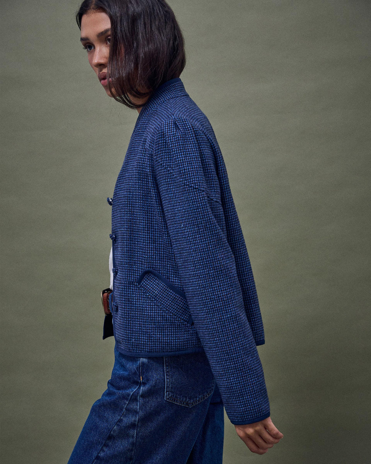 Chaqueta Ribete Contraste Mezcla Lana Azul