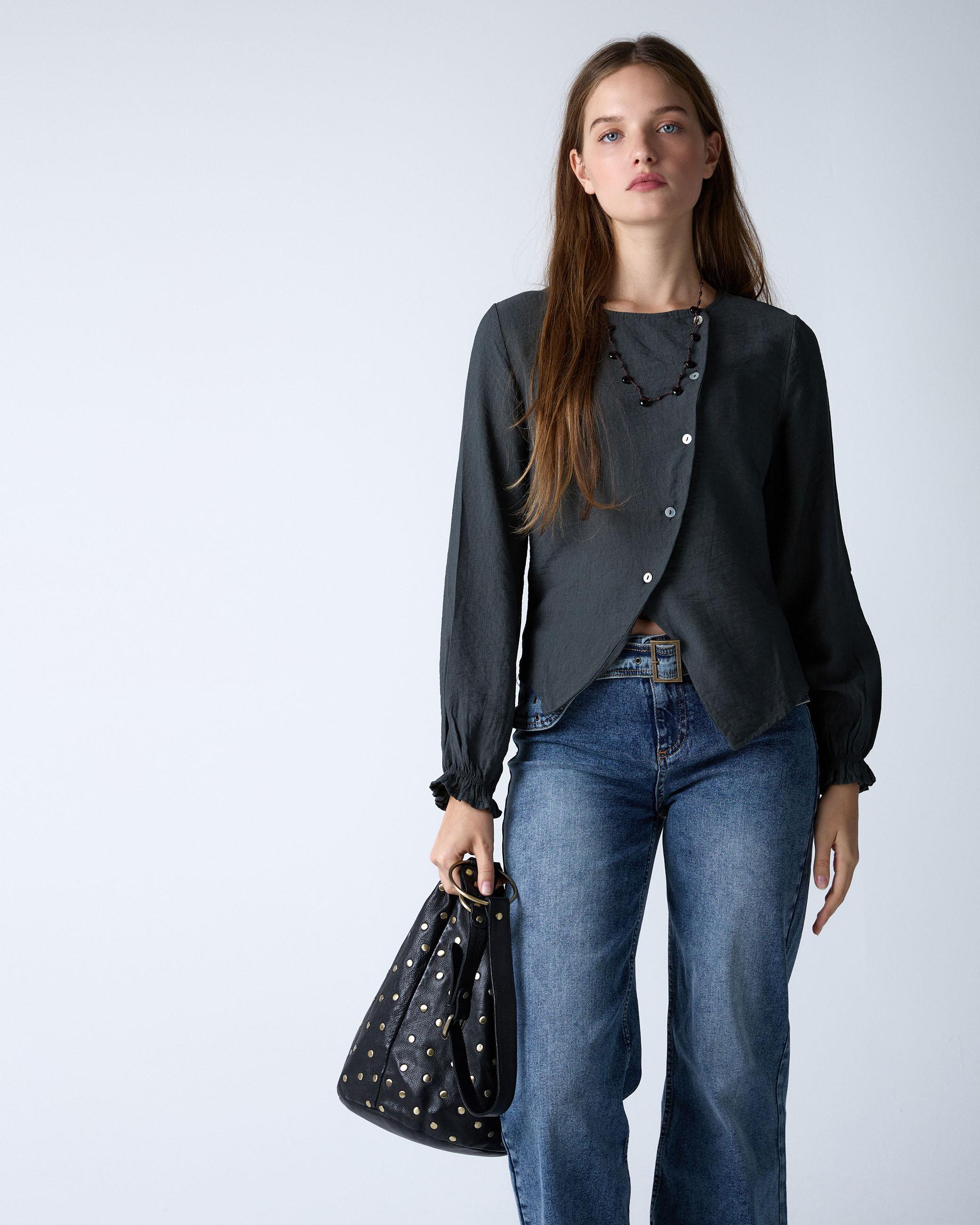 Gray Asymmetric Button Blouse – renatta&go