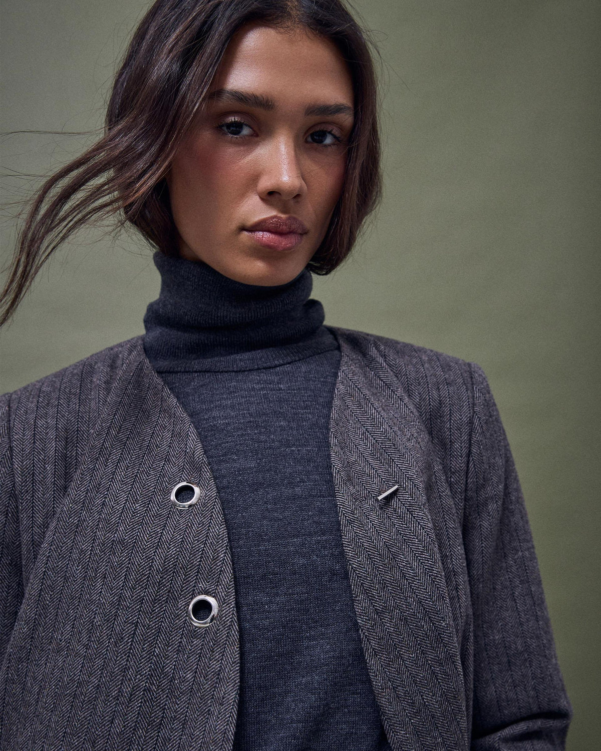 Chaqueta Botones Anillas Mezcla Lana Taupe