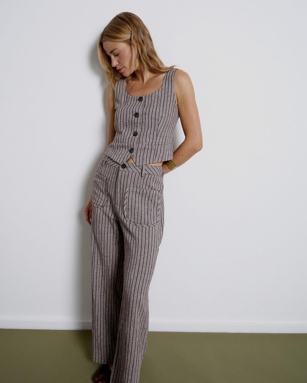 Striped Pants with Brown Patch Pockets