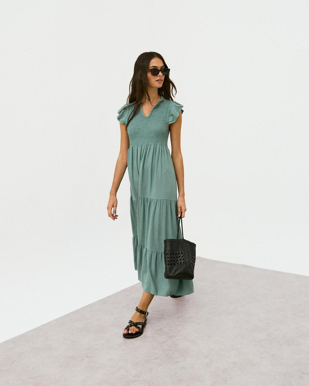 Vestido Largo Lino Nido De Abeja Verde Agua