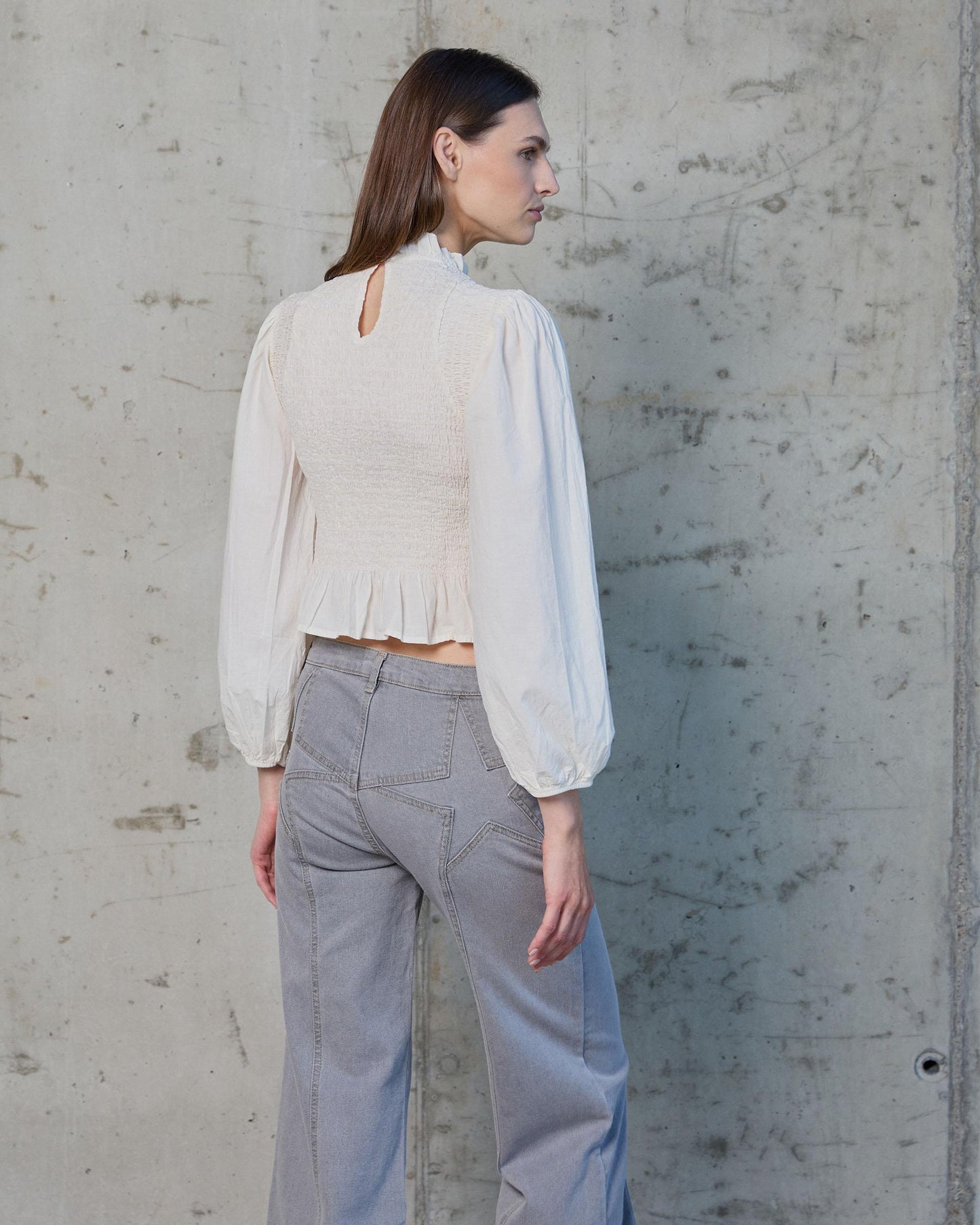 Raw Honeycomb Blouse with Puff Sleeves