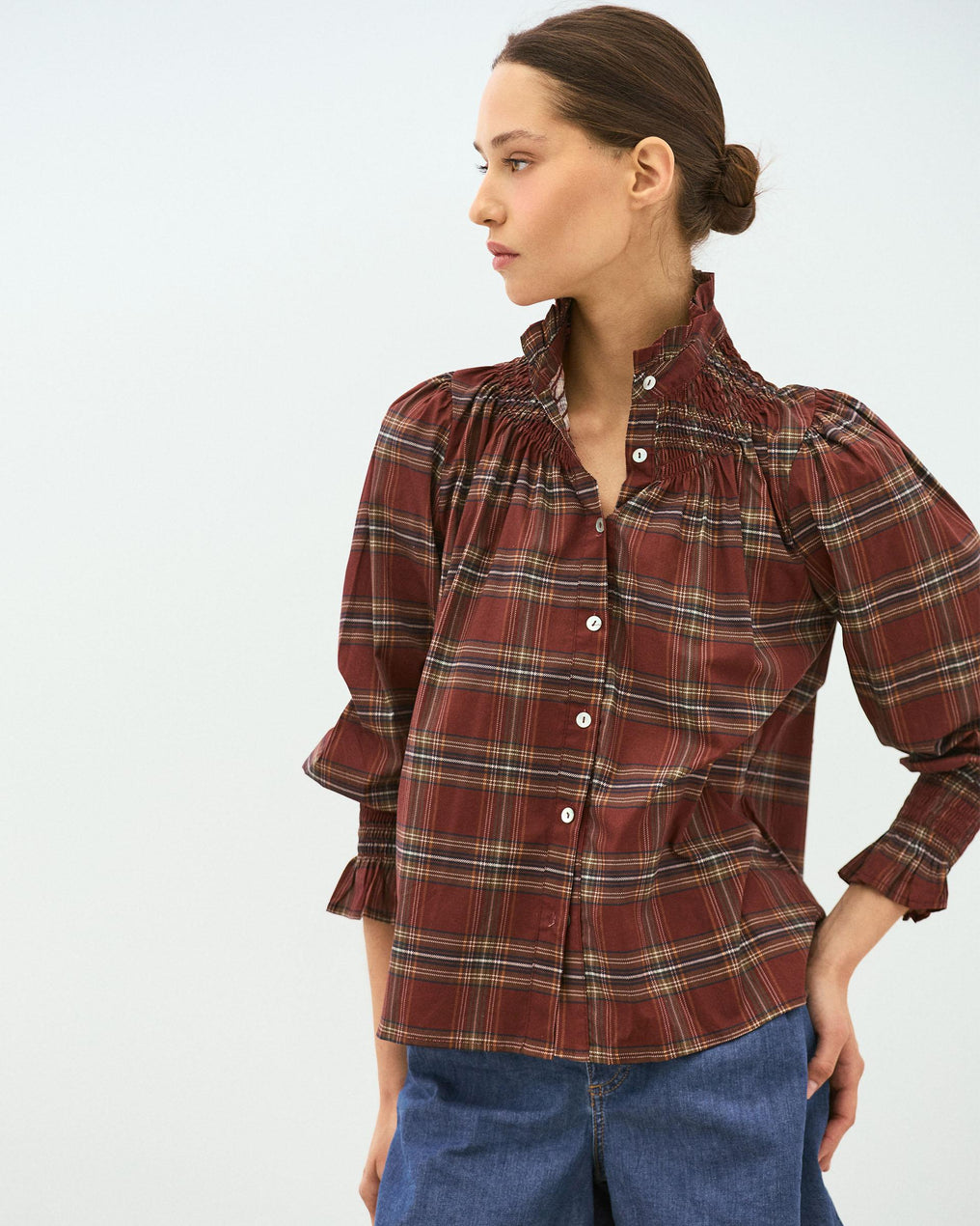 Honeycomb Blouse with Burgundy Checkered Collar