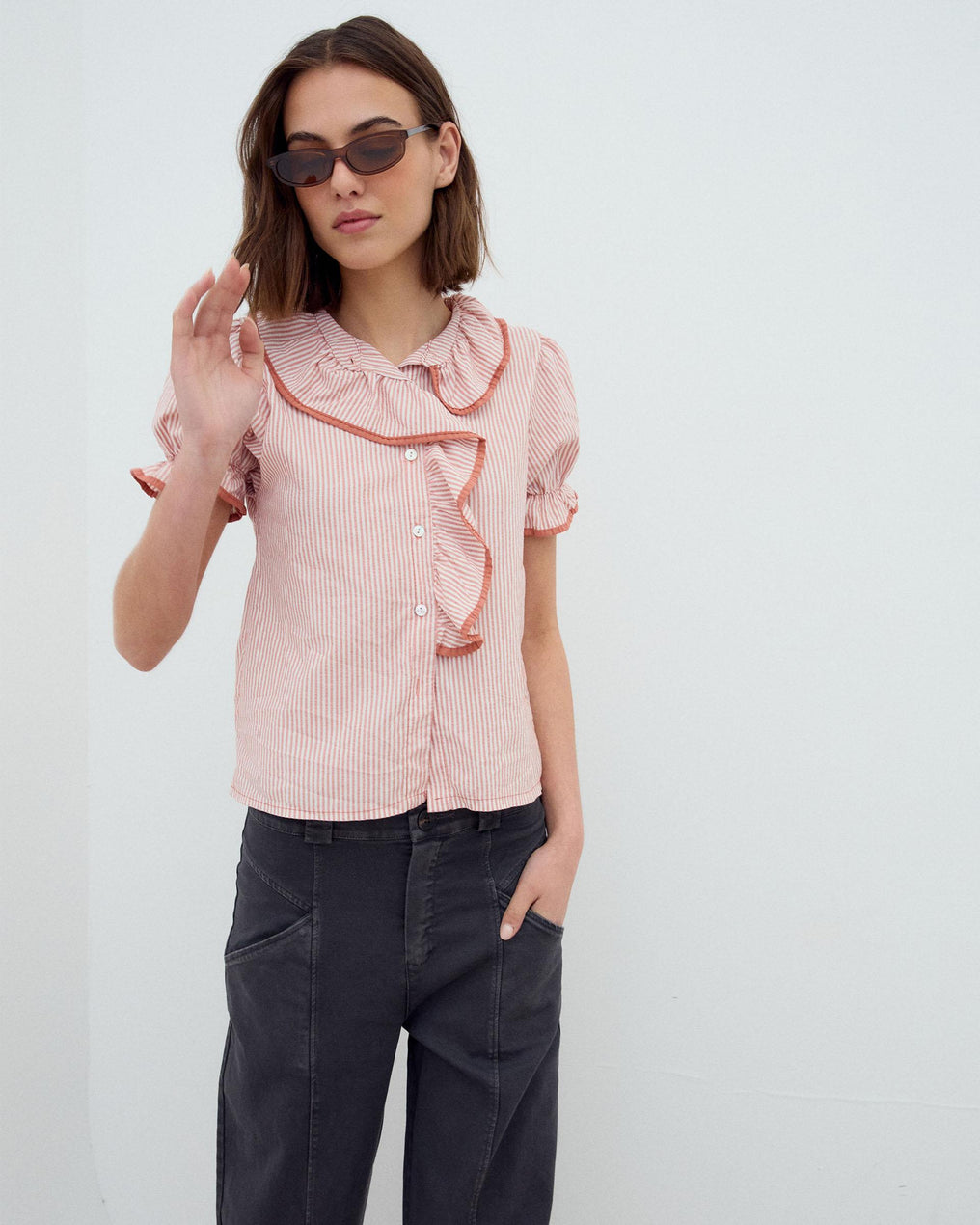 Orange Trim Ruffle Side Shirt