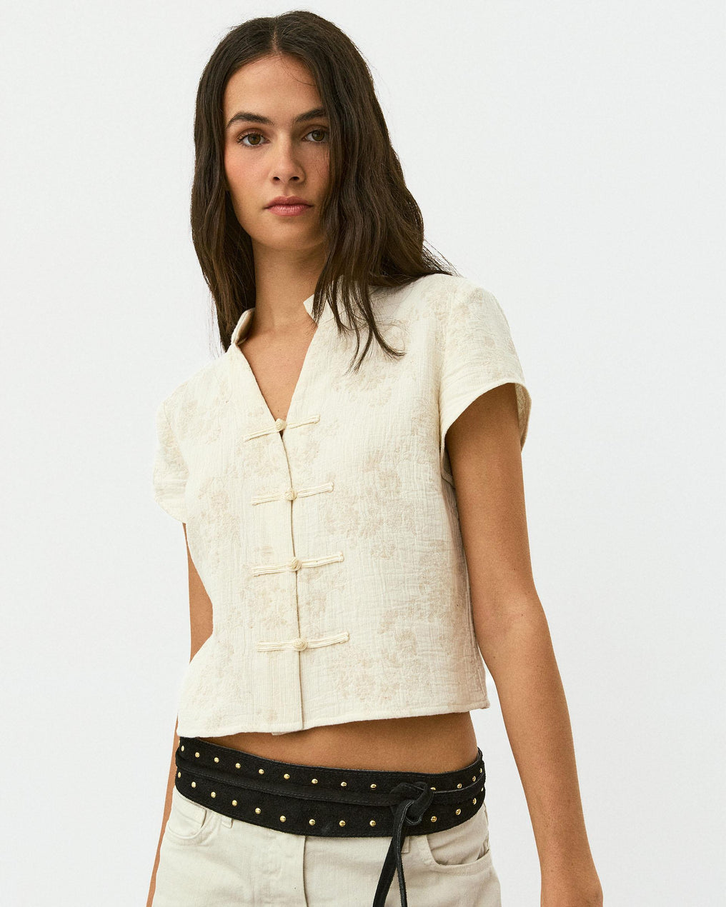 Top Jacquard Imprimé Floral Écru