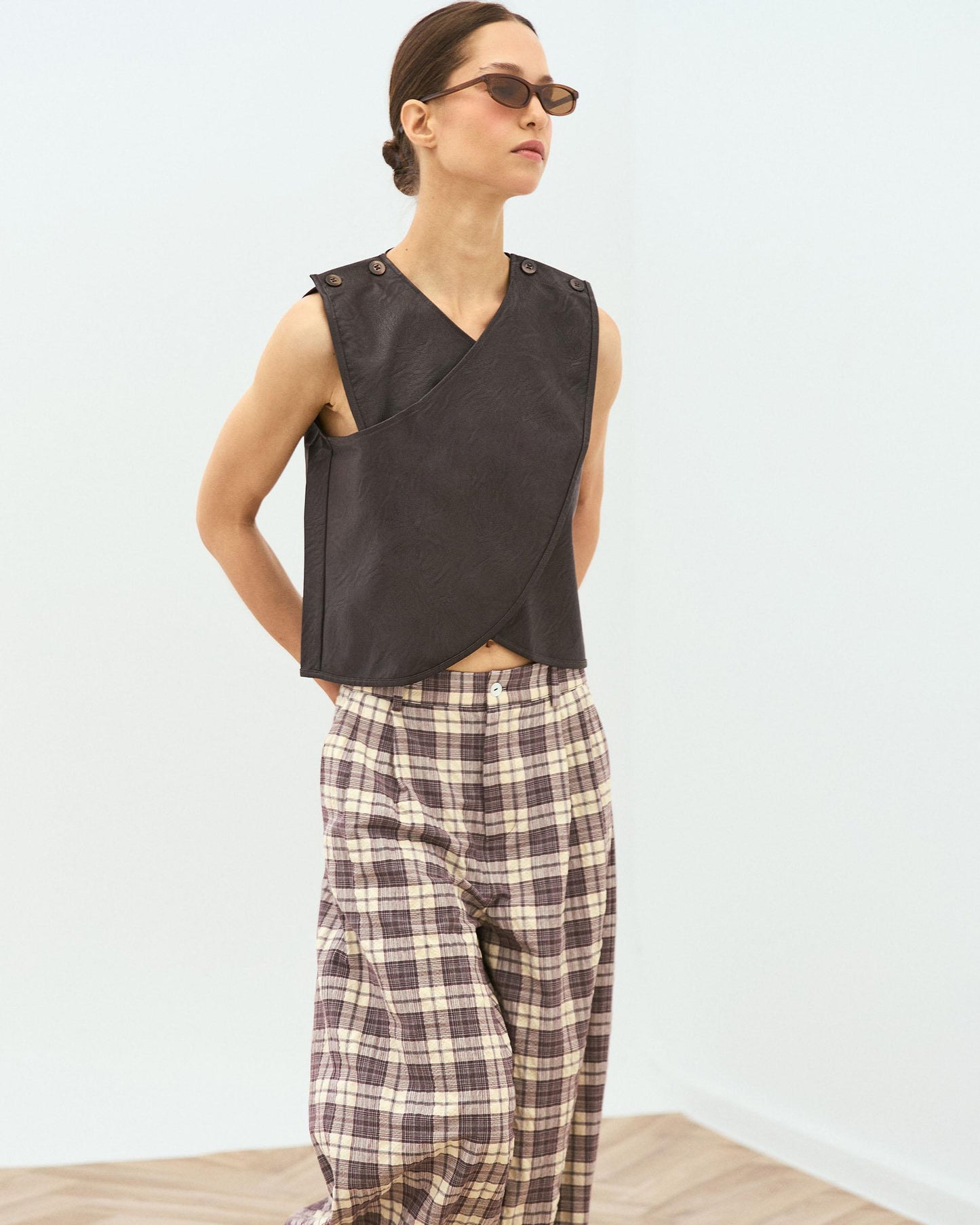 Brown Faux Leather Wrap Top