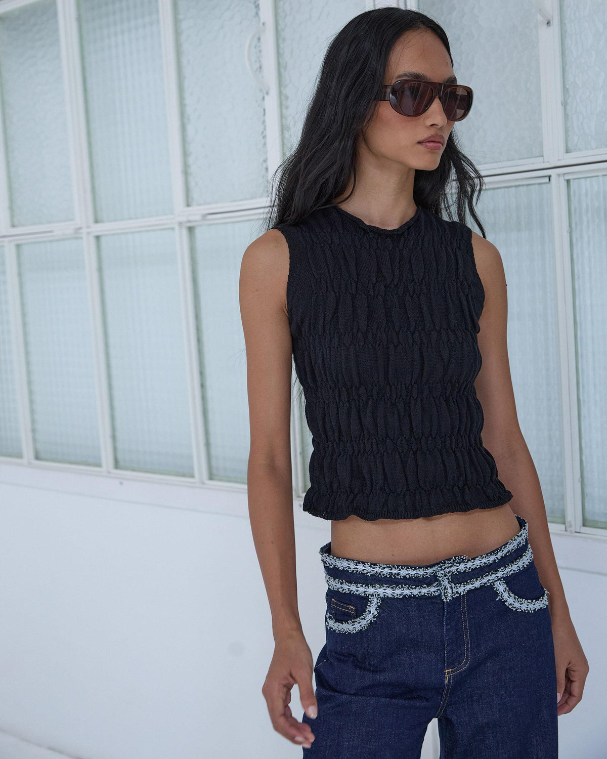 Top en Maille à Élastiques Noir