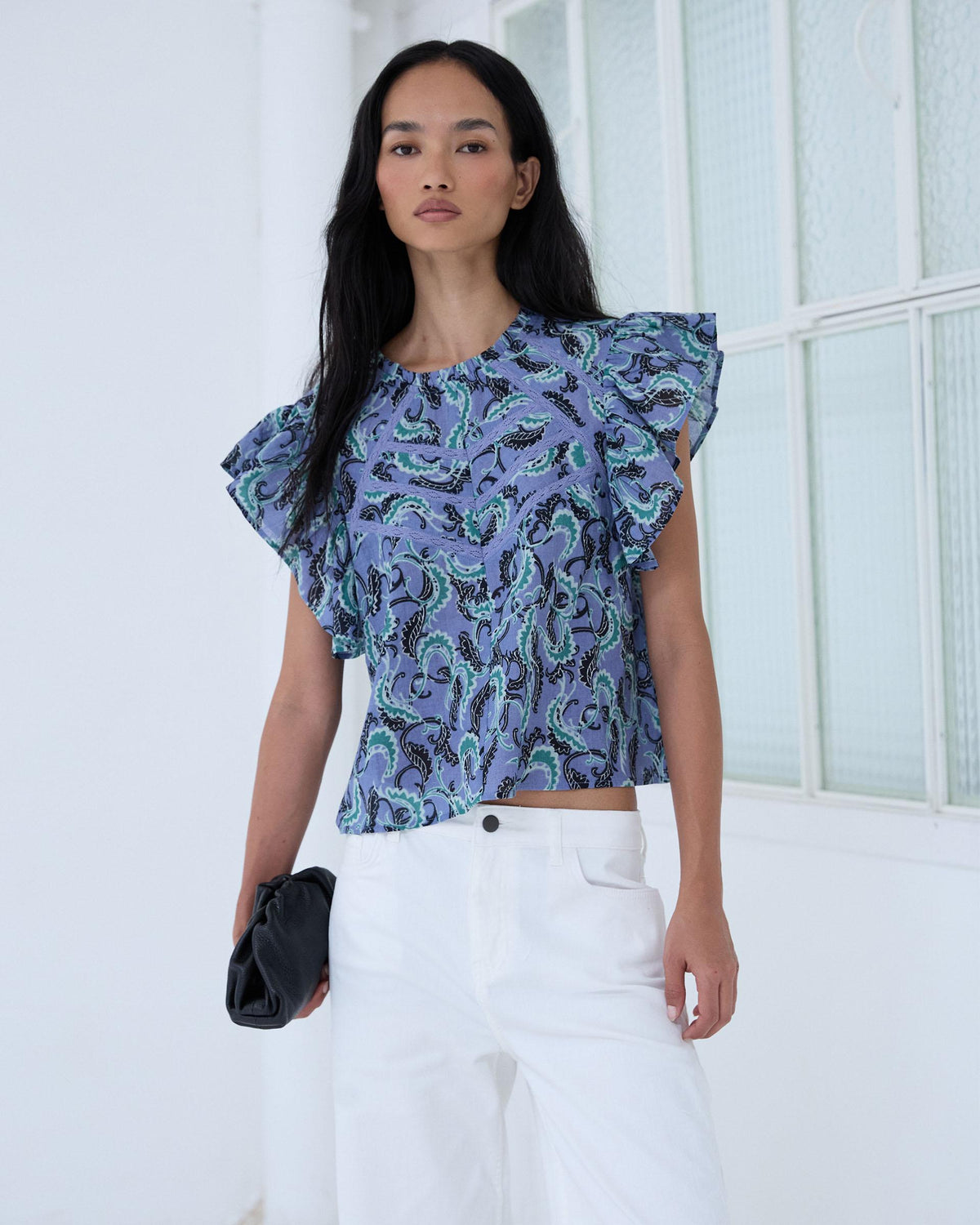 Blusa Manga Curta Volantes Rendas Padrão Azul
