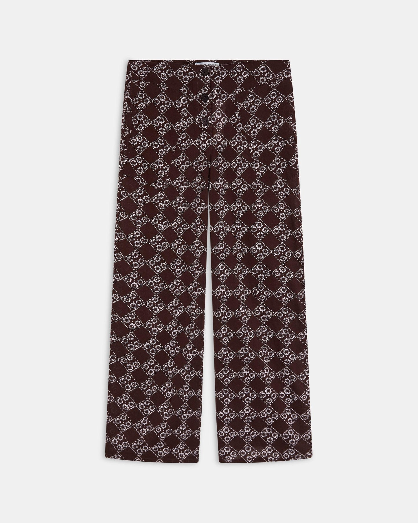 Calça fluída com estampado floral e três botões em castanho.