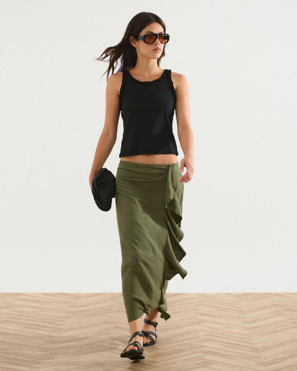 Falda Larga Volante Lateral Con Lino Verde Oscuro
