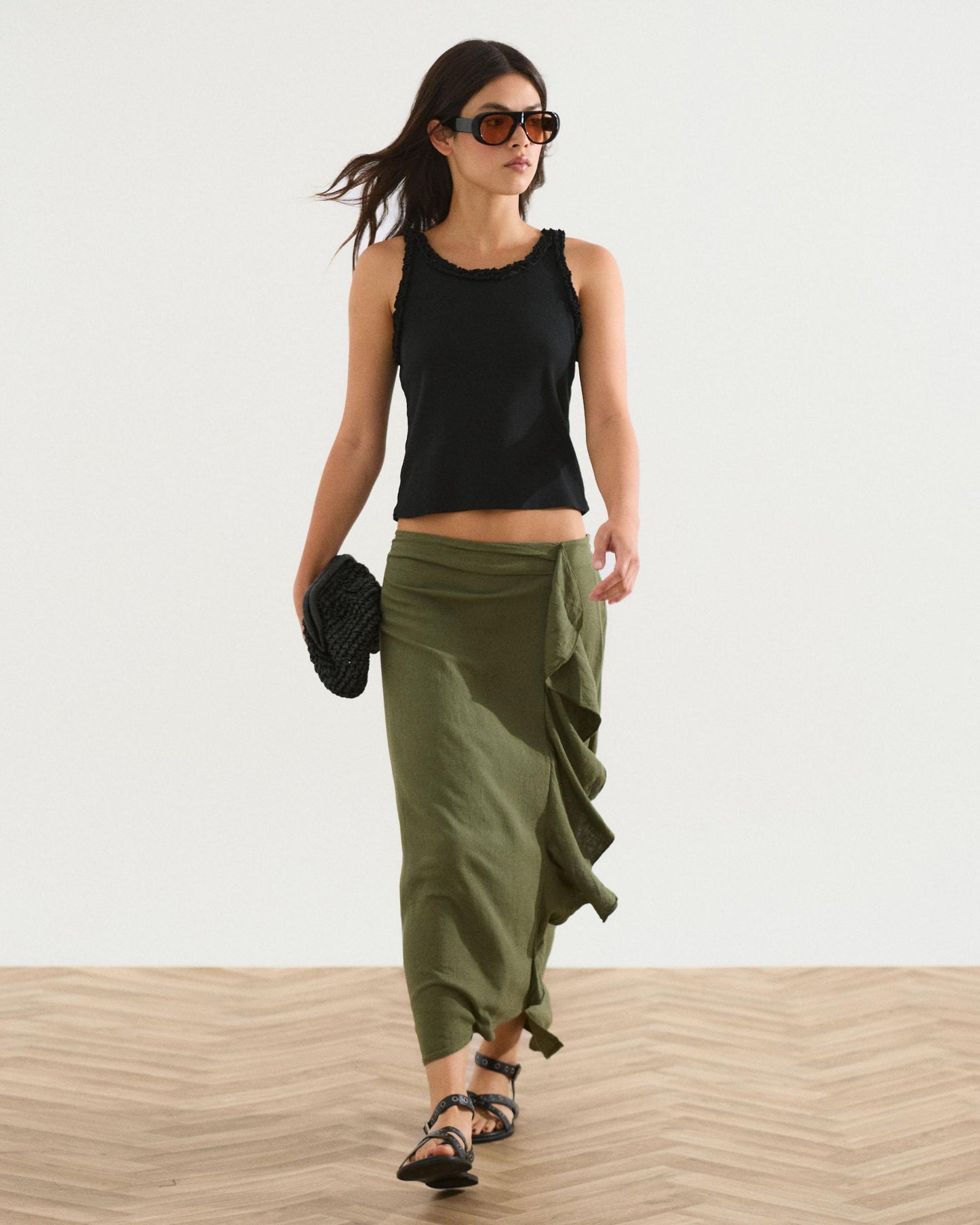 Falda Larga Volante Lateral Con Lino Verde Oscuro