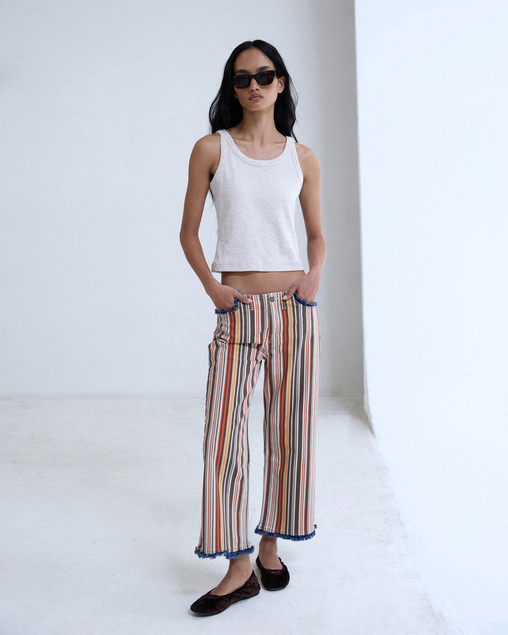 Jeans Effilochés Rayures Multicolore