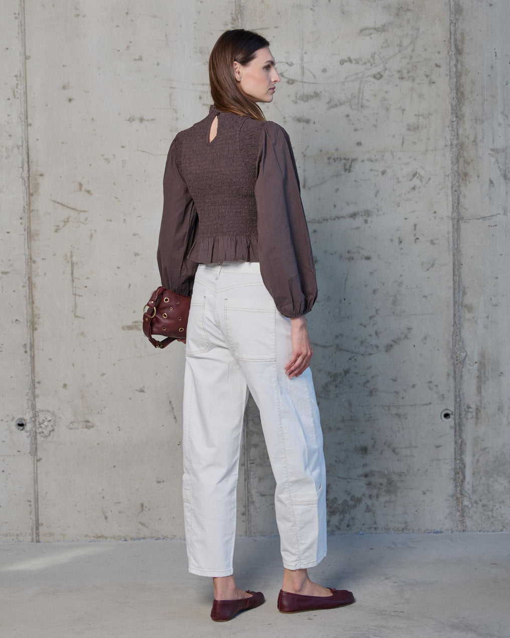 Brown Honeycomb Blouse with Puff Sleeves