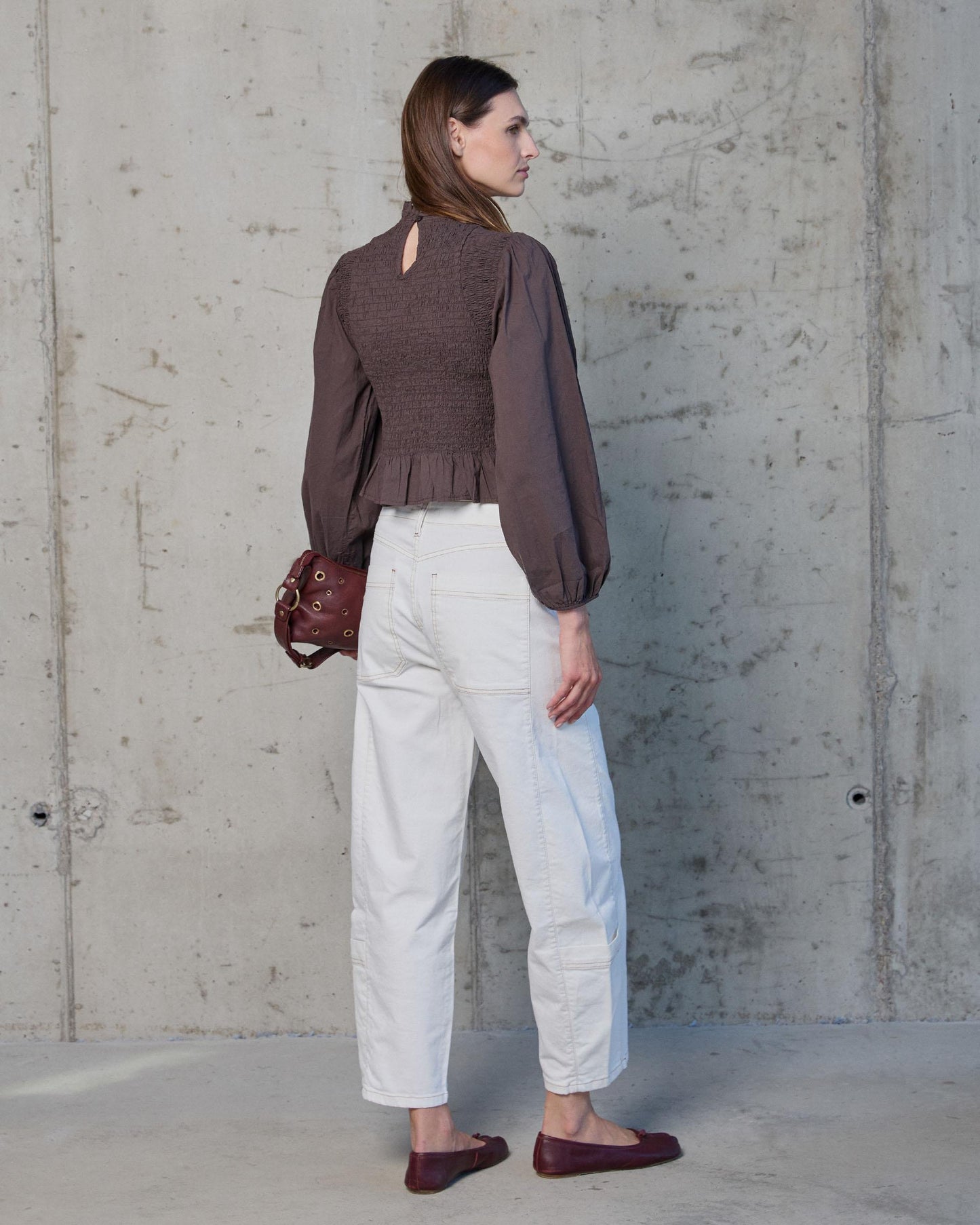 Brown Honeycomb Blouse with Puff Sleeves