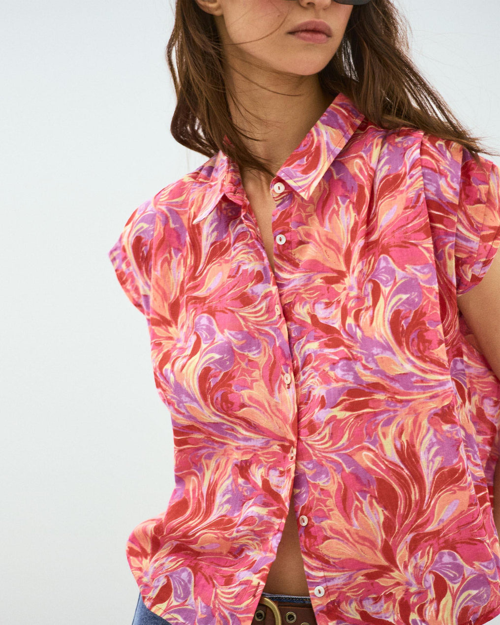 Chemise sans Manches Plis Imprimé Floral Fuchsia