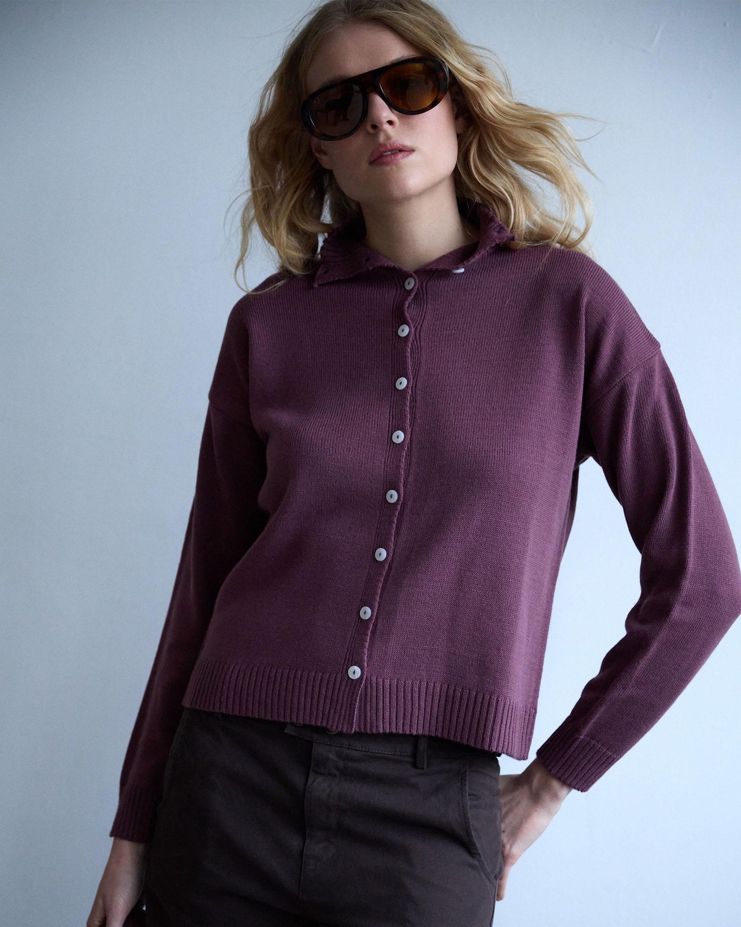 Chaqueta Punto Cuello Subido Morado