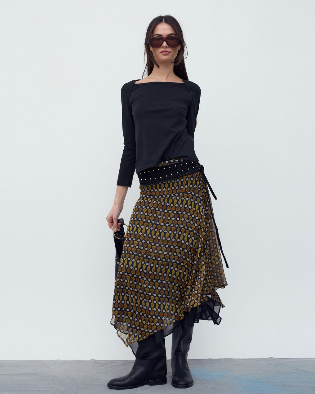Black Contrast Ruffled Hem Skirt